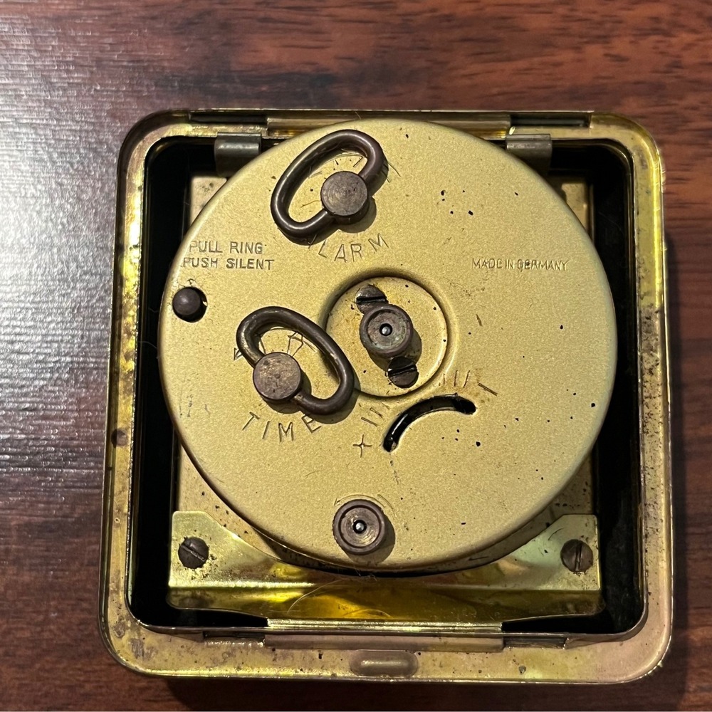 Vintage Made in Germany Travel Alarm Clock Mechanical Wind Up Black Case Brass